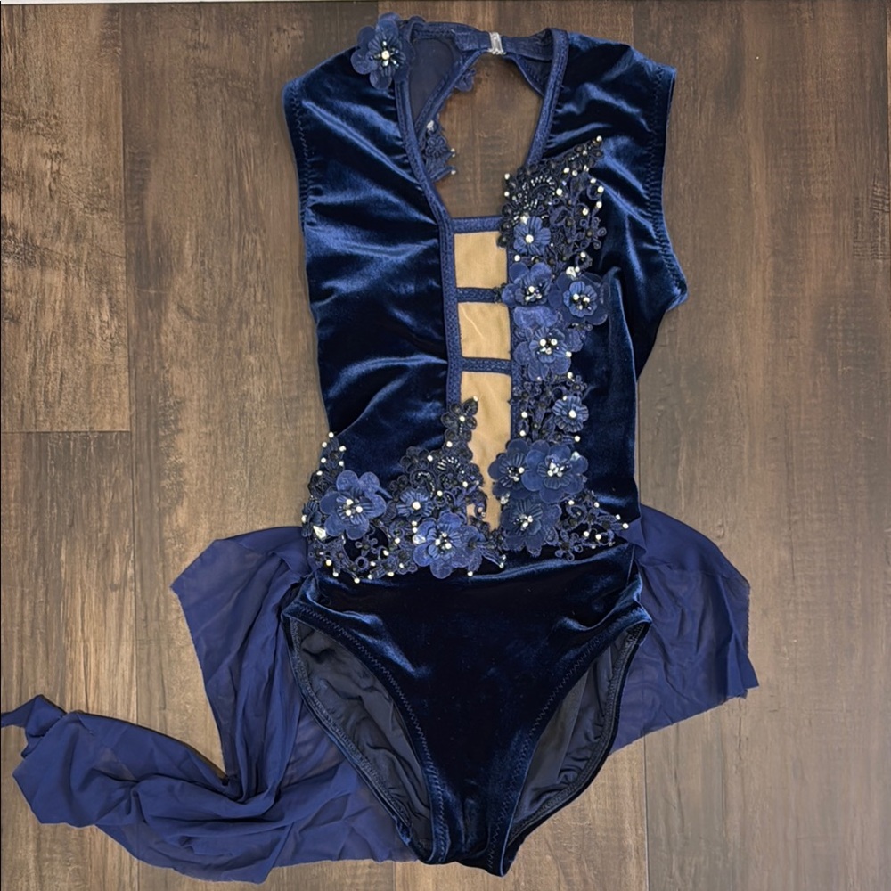 Navy Blue Floral Embellished Lyrical Dance Bodysuit